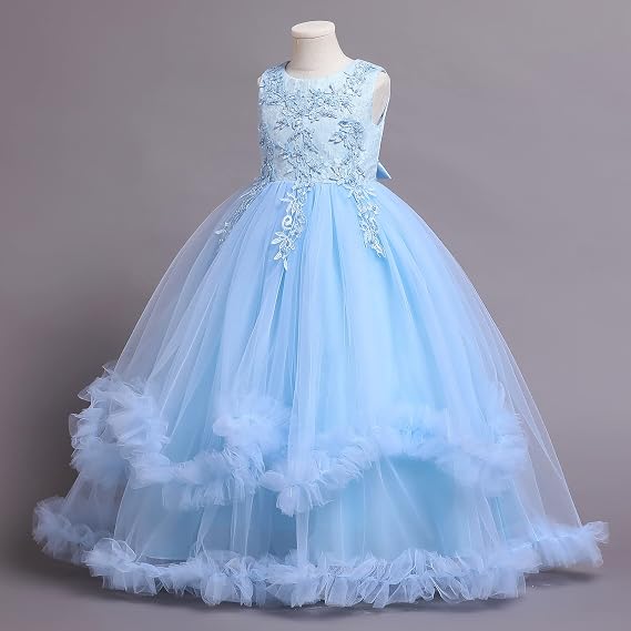 TinyTulle Light Blue Princess Flower Girl Dress with Layered Tulle and Cascading Ruffles