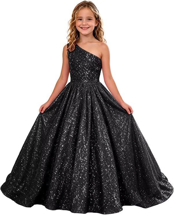 TinyTulle Sparkly Sequin One Shoulder Princess Flower Girl Dress