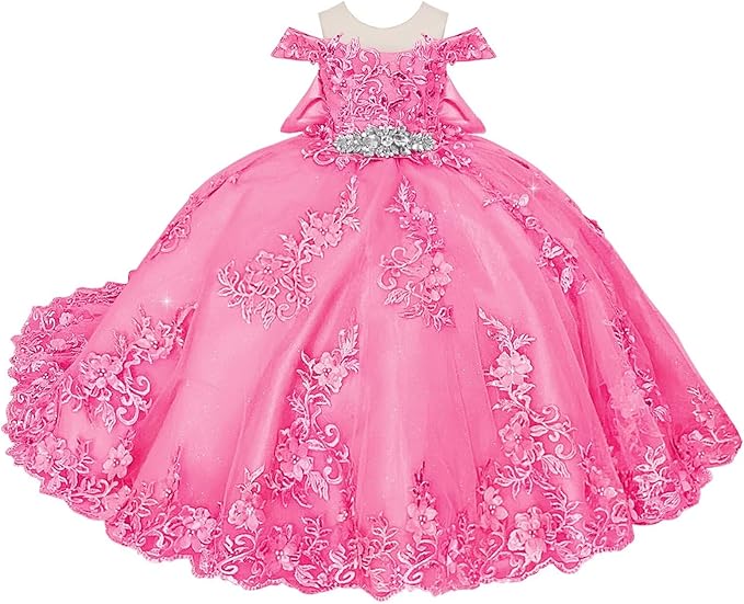 TinyTulle Blue Off Shoulder Floral Lace Applique Tulle Flower Girl Dress with Bow