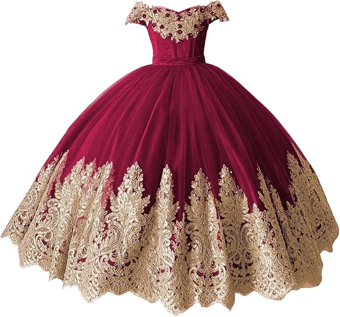 TinyTulle Off-Shoulder Gold Lace Applique Tulle Ball Gown Flower Girl Dress