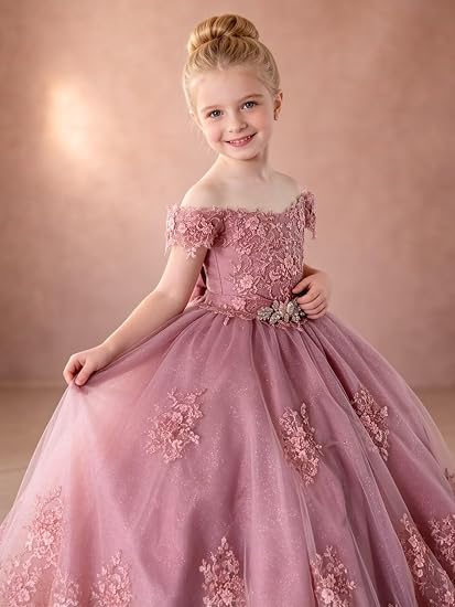 TinyTulle Sparkly Tulle 3D Flower Lace Applique Flower Girl Pageant Gown with Bow