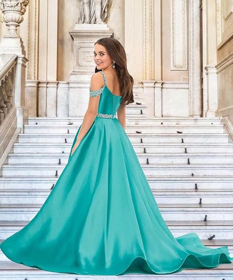 TinyTulle Satin Rhinestone Flower Girl Princess Gown for Weddings &amp; Pageant