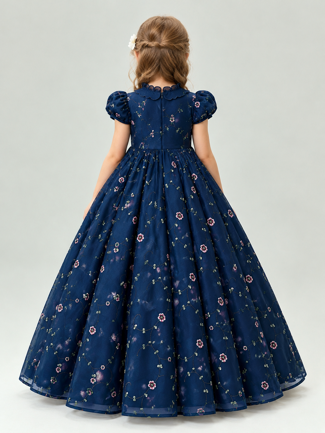 TinyTulle Navy Blue Floral Embroidered High-Waist Puff Sleeve Flower Girl Dress