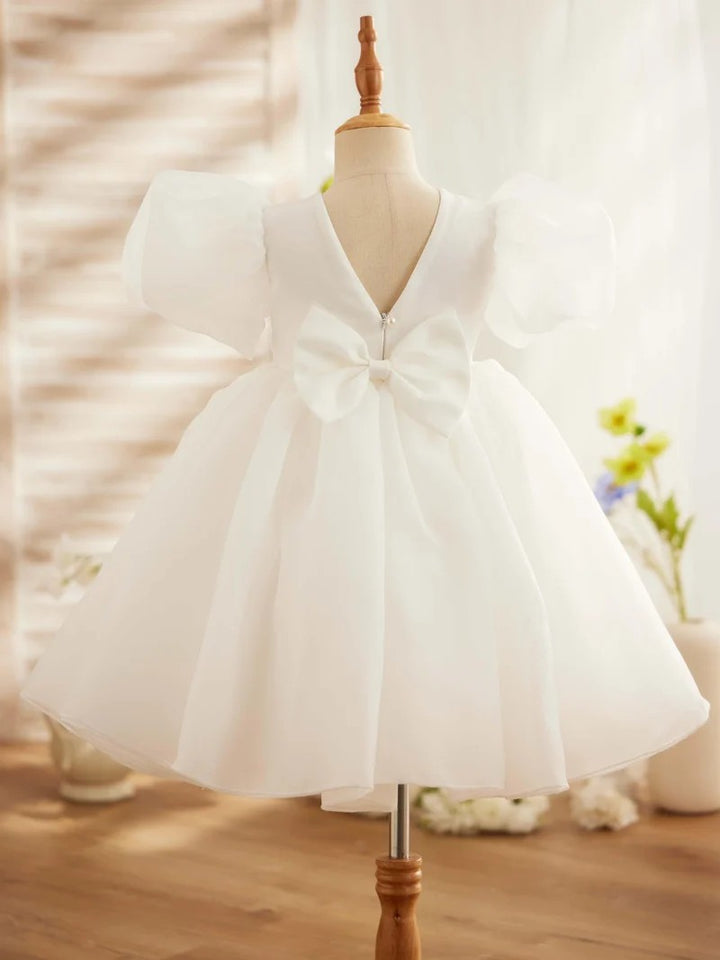 TinyTulle Light Blue Organza Puff Sleeve Flower Girl Dress with Bow Back