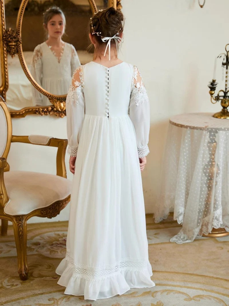 TinyTulle Elegant Ivory Lace Long Sleeve V-Neck Flower Girl Dress with Ruffle Hem
