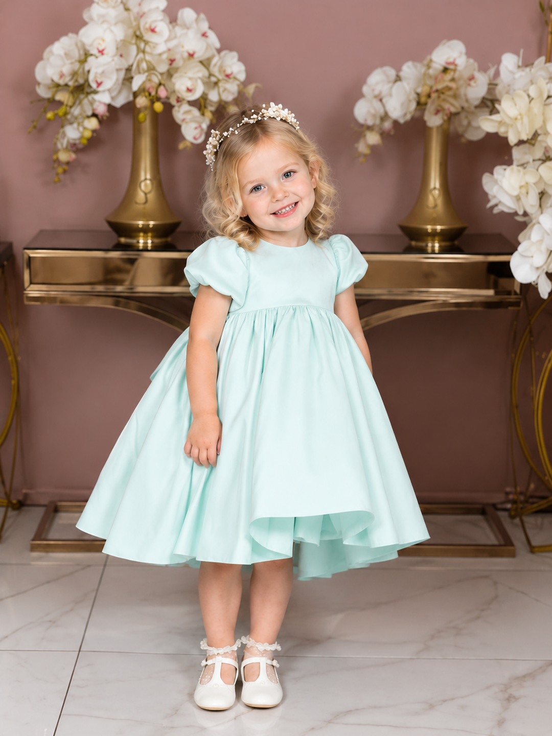 TinyTulle Elegant Satin Mint Green Puff Sleeve Baby Girl Dress with Statement Bow