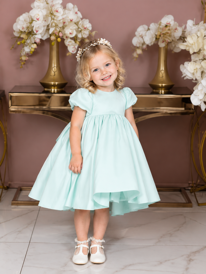 TinyTulle Elegant Satin Mint Green Puff Sleeve Baby Girl Dress with Statement Bow