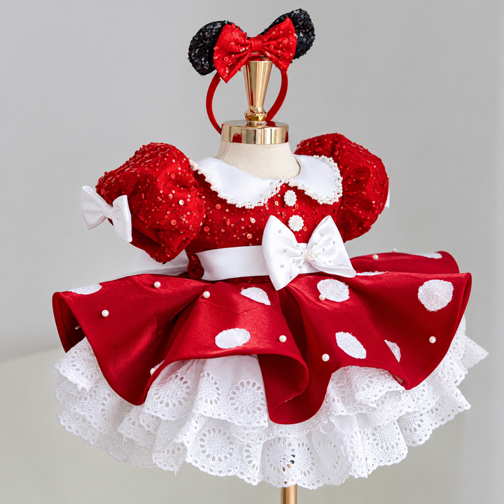TinyTulle Red Sequin Polka Dot Flower Girl Dress with Puff Sleeves and Oversized Bow