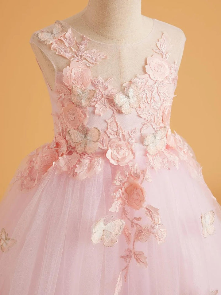 TinyTulle Dreamy Light Pink Tulle Ball Gown with 3D Butterfly Appliques