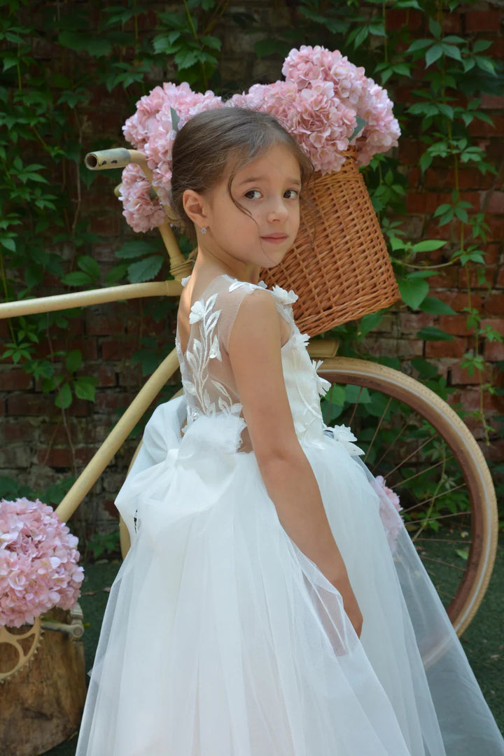TinyTulle Elegant White Floral Applique A-Line Flower Girl Dress with Bow