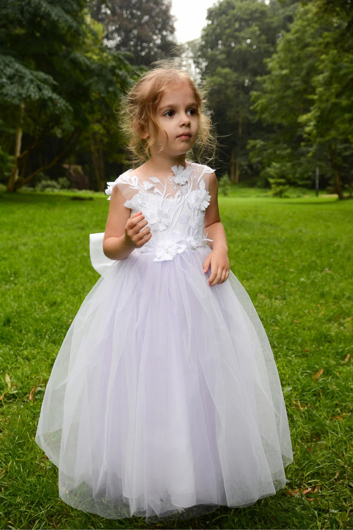 TinyTulle Elegant Light Lavender Floral Applique Tulle Flower Girl Dress for Wedding