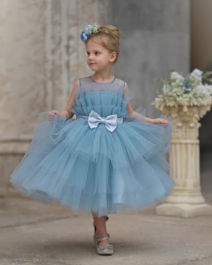 TinyTulle Dusty Blue Tulle Ankle-Length Flower Girl Dress with Bow
