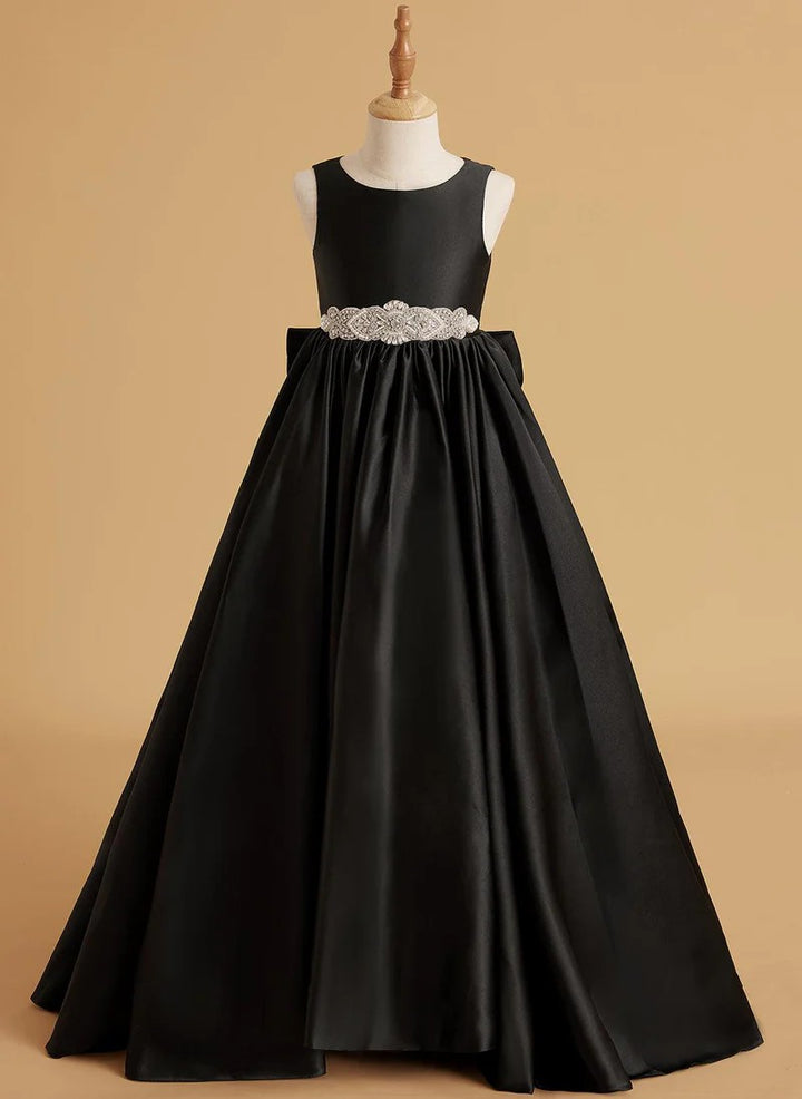 TinyTulle Elegant Satin Ball Gown Flower Girl Dress with Jeweled Belt and Bow