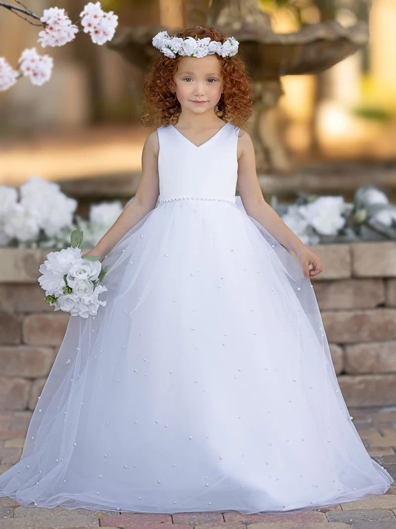 TinyTulle White Satin V-Neck Sleeveless Tulle Flower Girl Dress with Bow