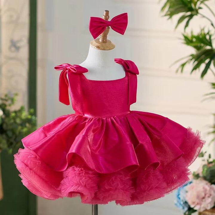 TinyTulle Satin Bow-Shoulder Sleeveless Tulle Knee-Length Flower Girl Tutu Dress