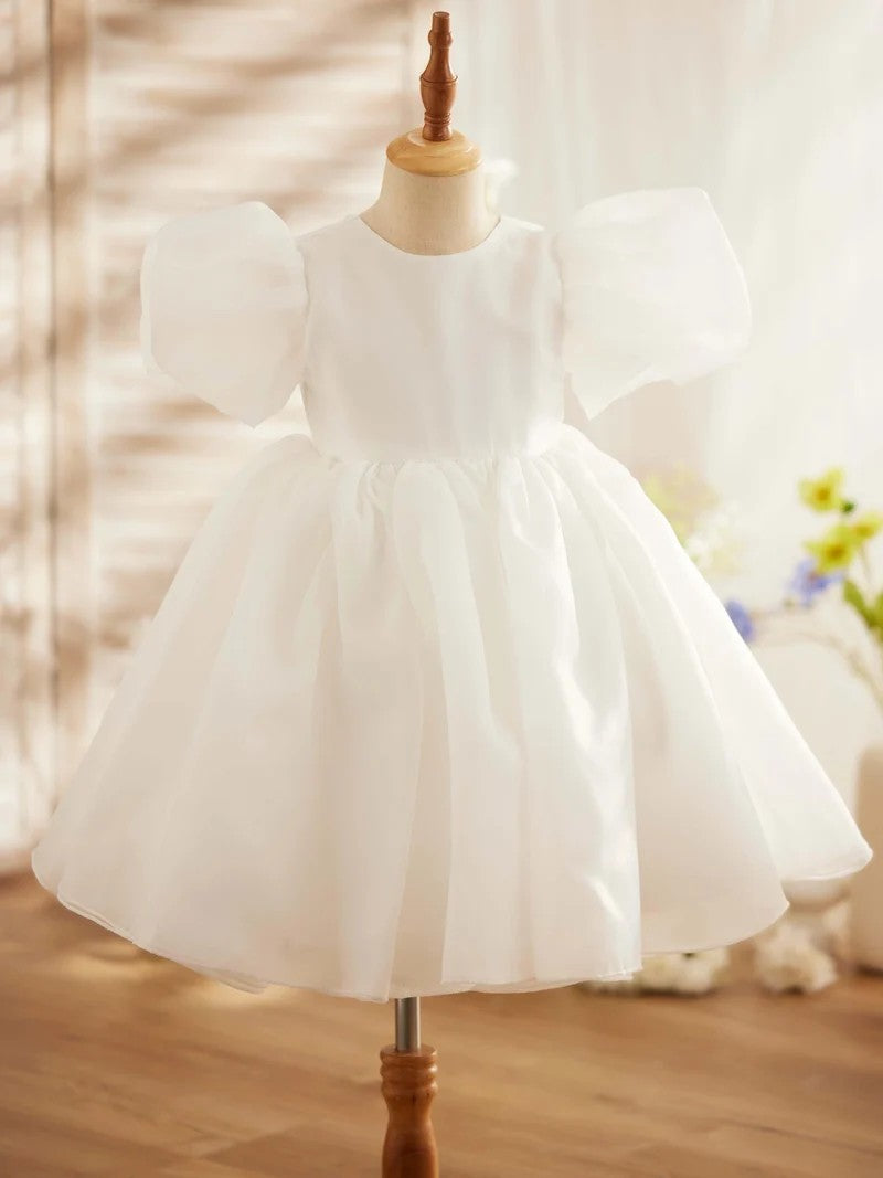 TinyTulle Light Blue Organza Puff Sleeve Flower Girl Dress with Bow Back