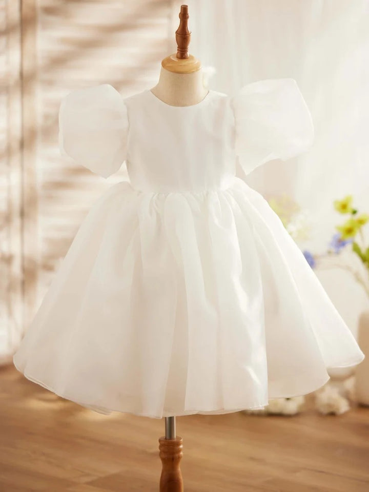 TinyTulle Light Blue Organza Puff Sleeve Flower Girl Dress with Bow Back