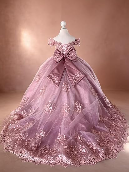 TinyTulle Sparkly Tulle 3D Flower Lace Applique Flower Girl Pageant Gown with Bow