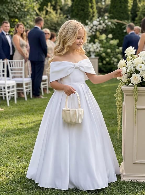 TinyTulle Elegant Off Shoulder Satin Princess Flower Girl Dress for Wedding