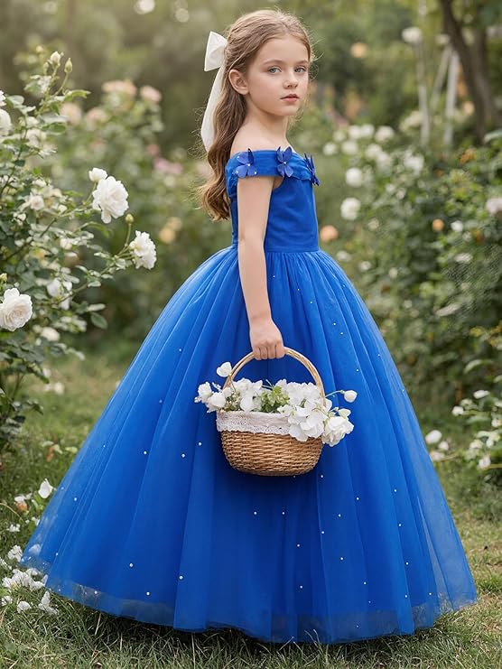 TinyTulle Princess Off-the-Shoulder Tulle Flower Girl Dress with 3D Butterflies