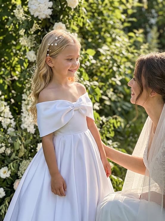 TinyTulle Elegant Off Shoulder Satin Princess Flower Girl Dress for Wedding