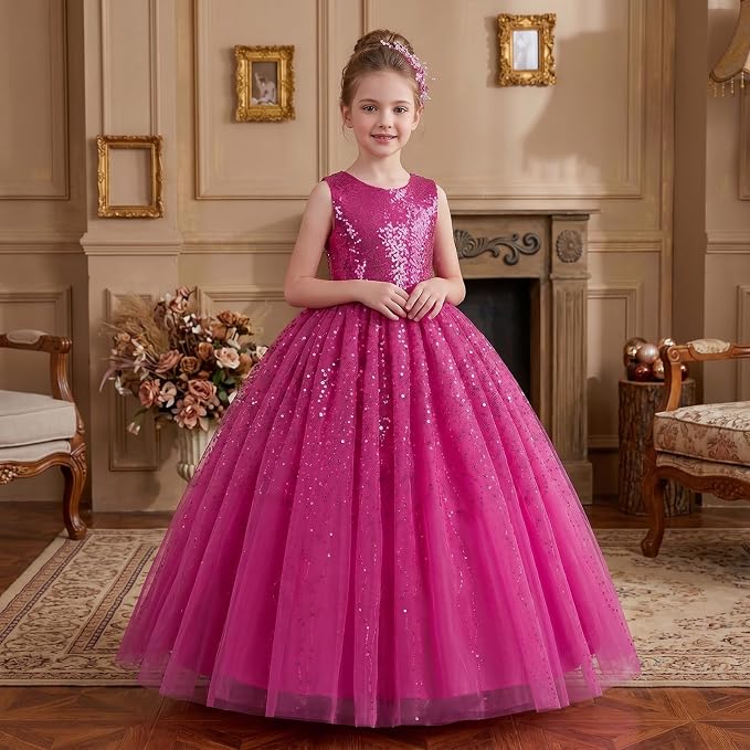 TinyTulle Sparkly Sequin Tulle Long Princess Flower Girl Dress for Special Occasions