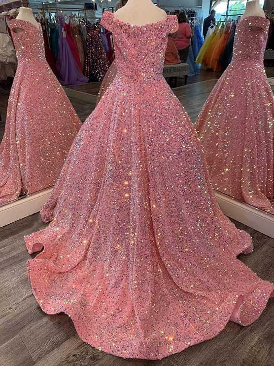 TinyTulle Sparkly Off-Shoulder Sequin Flower Girl Dress Pageant Gown