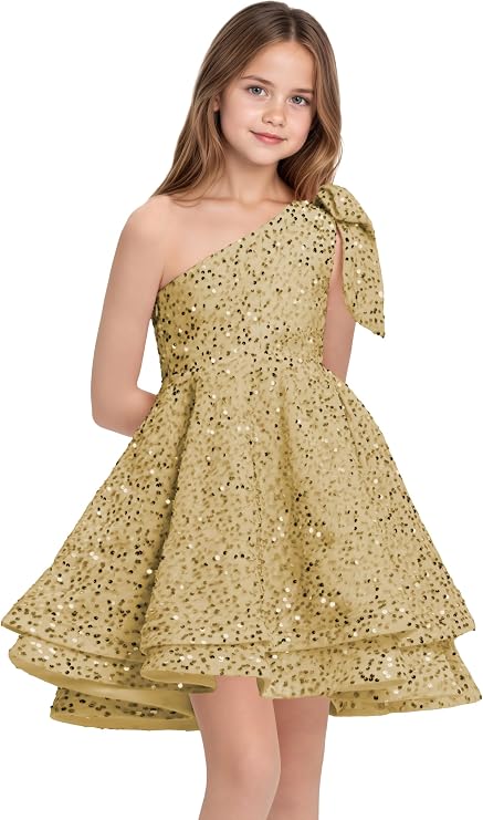 TinyTulle One-Shoulder Sequin Princess Flower Girl Dress – Sparkly Pageant &amp; Formal Gown