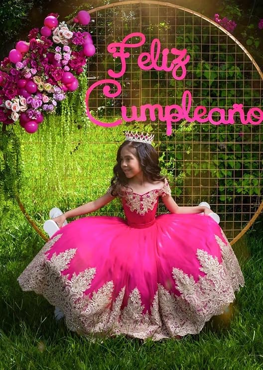 TinyTulle Off-Shoulder Gold Lace Applique Tulle Ball Gown Flower Girl Dress