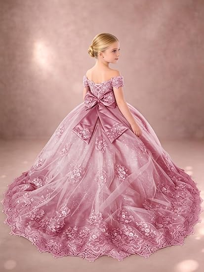 TinyTulle Sparkly Tulle 3D Flower Lace Applique Flower Girl Pageant Gown with Bow
