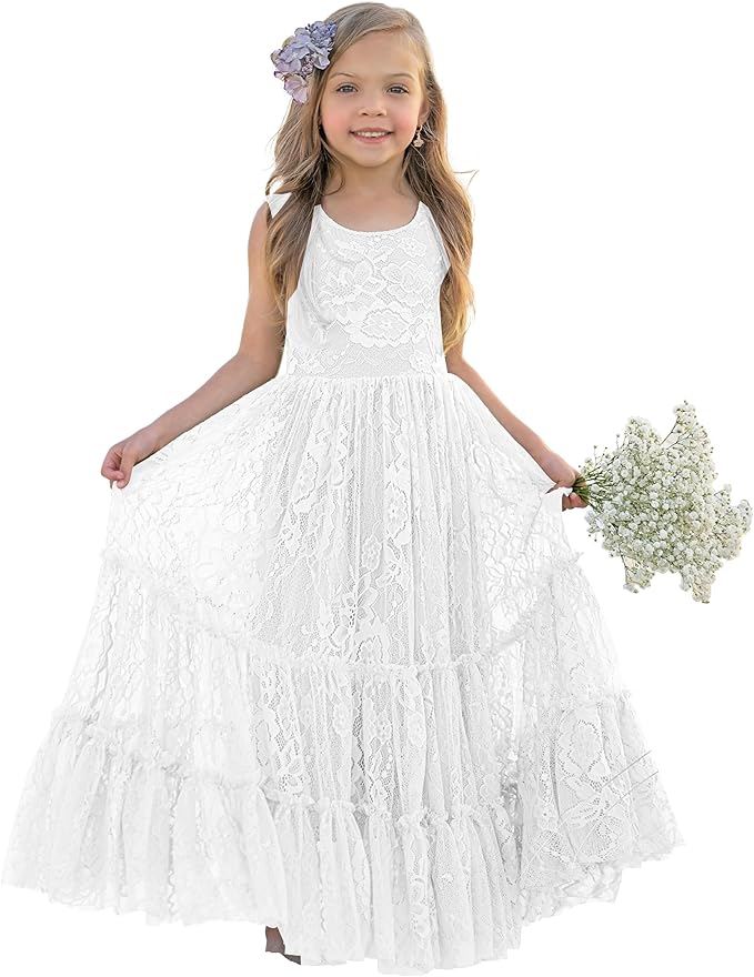 TinyTulle Elegant Lace Sleeveless A-Line Floor-Length Flower Girl Dress for Special Occasions