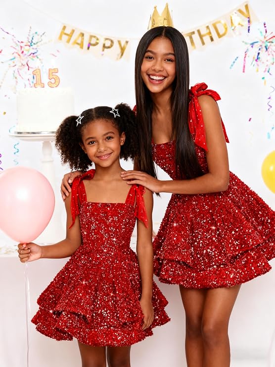 TinyTulle Sparkly Sequin Square Neck Princess Flower Girl Dress with Bow Shoulder Straps
