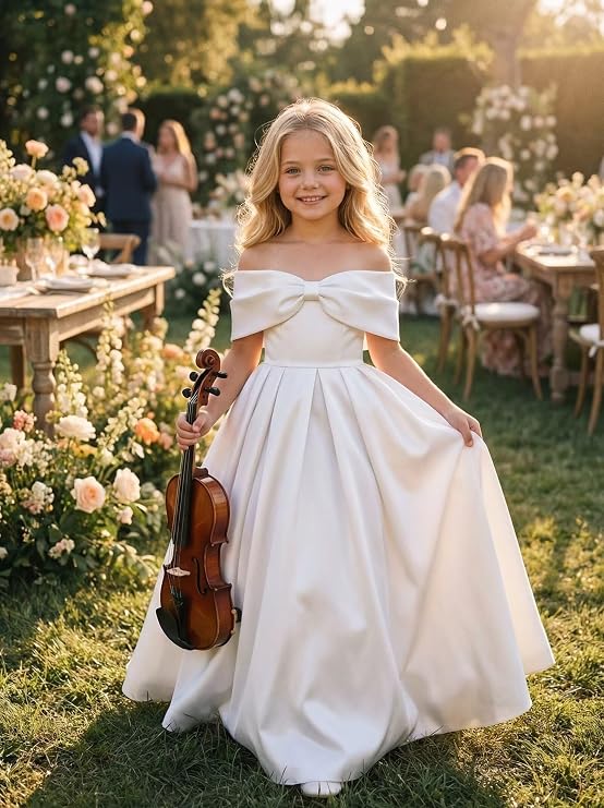 TinyTulle Elegant Off Shoulder Satin Princess Flower Girl Dress for Wedding