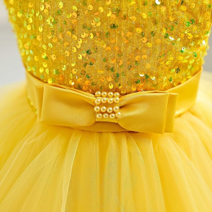 TinyTulle Sleeveless Sequin Tulle Flower Girl Dress with Bow Belt