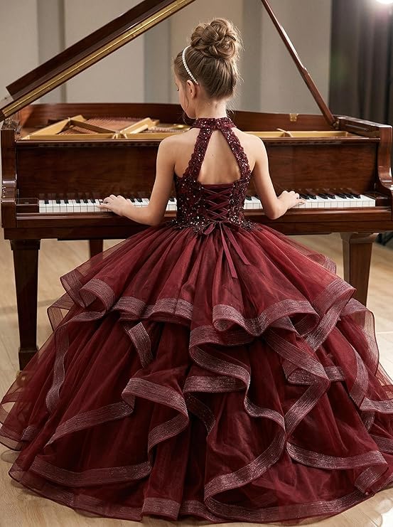 TinyTulle Burgundy Sleeveless Layered Tulle Flower Girl Ball Gown