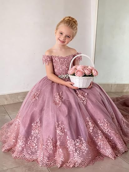 TinyTulle Sparkly Tulle 3D Flower Lace Applique Flower Girl Pageant Gown with Bow