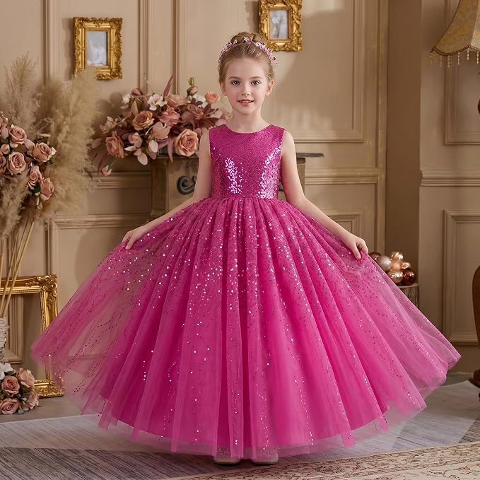 TinyTulle Sparkly Sequin Tulle Long Princess Flower Girl Dress for Special Occasions