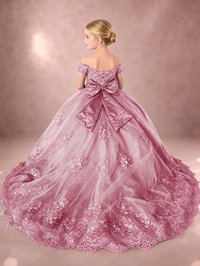 TinyTulle Sparkly Tulle 3D Flower Lace Applique Flower Girl Pageant Gown with Bow