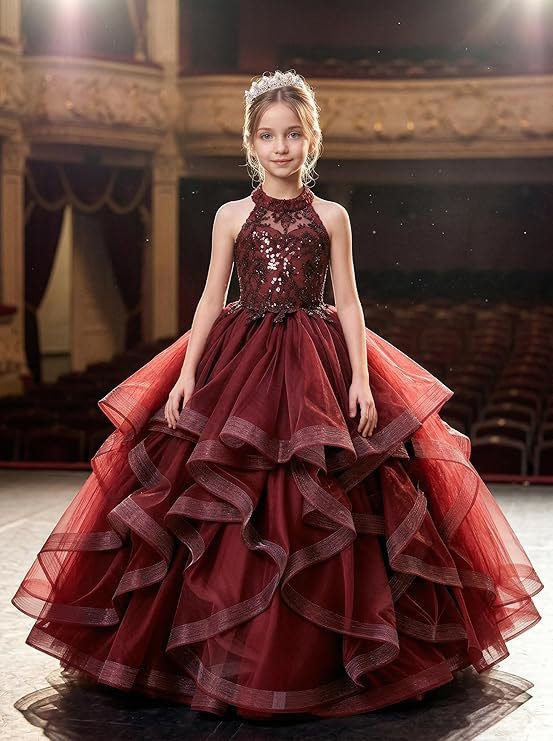 TinyTulle Burgundy Sleeveless Layered Tulle Flower Girl Ball Gown