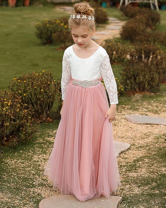 TinyTulle Lace Long Sleeve A-Line Tulle Flower Girl Dress for Special Occasions