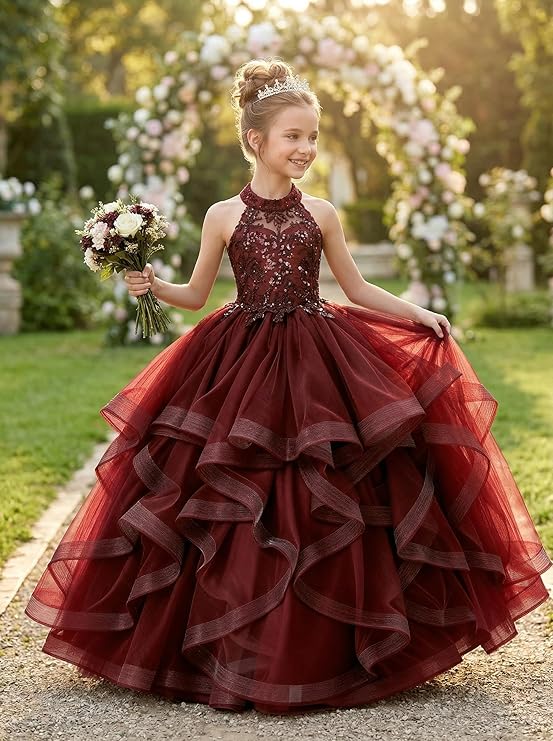 TinyTulle Burgundy Sleeveless Layered Tulle Flower Girl Ball Gown