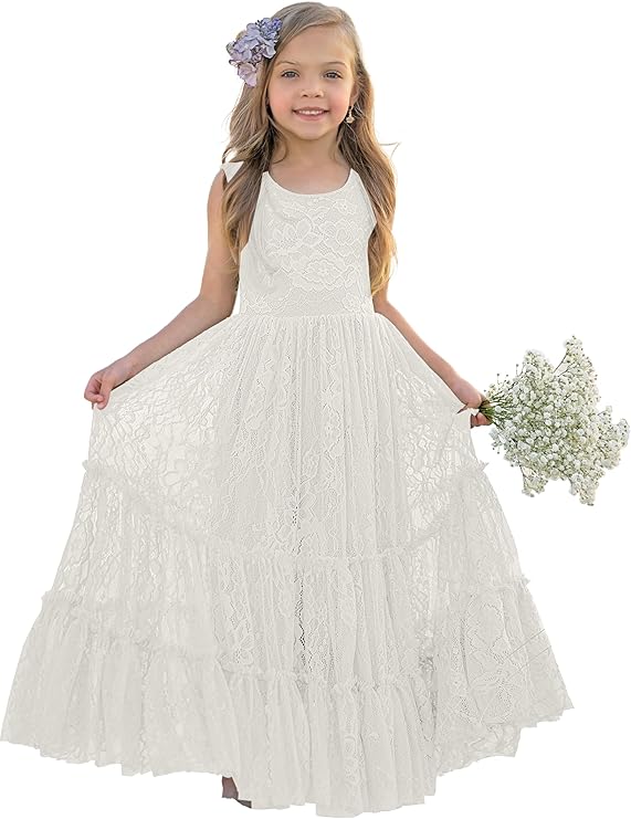 TinyTulle Elegant Lace Sleeveless A-Line Floor-Length Flower Girl Dress for Special Occasions