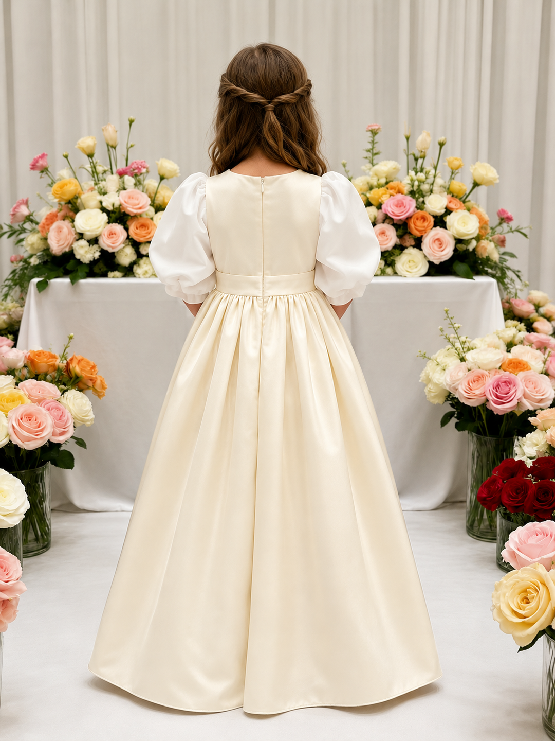 TinyTulle Elegant Ivory Satin High-Waist Puff Sleeve Flower Girl Dress for Weddings