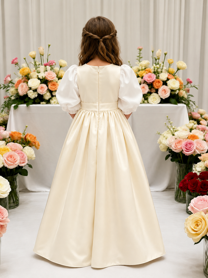 TinyTulle Elegant Ivory Satin High-Waist Puff Sleeve Flower Girl Dress for Weddings