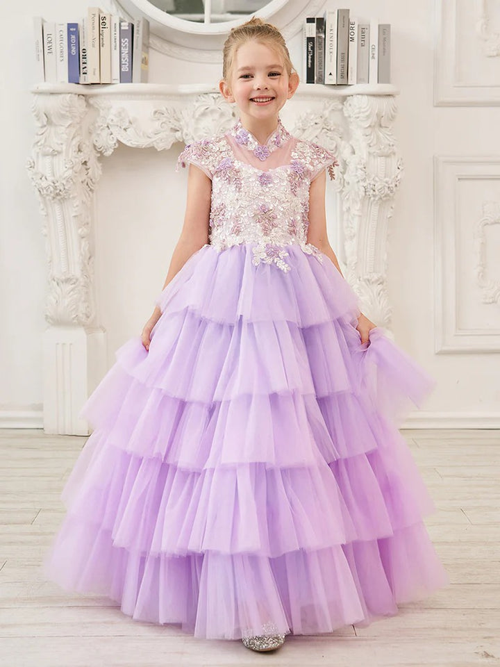 TinyTulle Lilac Cap Sleeve Lace Appliqué Tulle Flower Girl Dress for Special Occasions