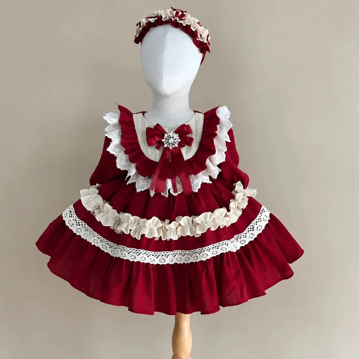 TinyTulle Elegant Burgundy Flower Girl Dress with Lace Trim and Tiered Ruffle Skirt