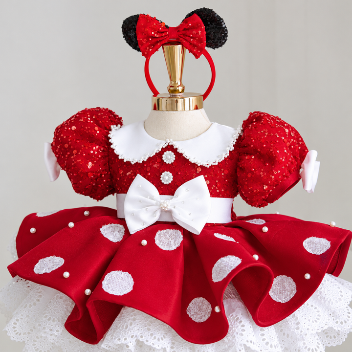 TinyTulle Red Sequin Polka Dot Flower Girl Dress with Puff Sleeves and Oversized Bow