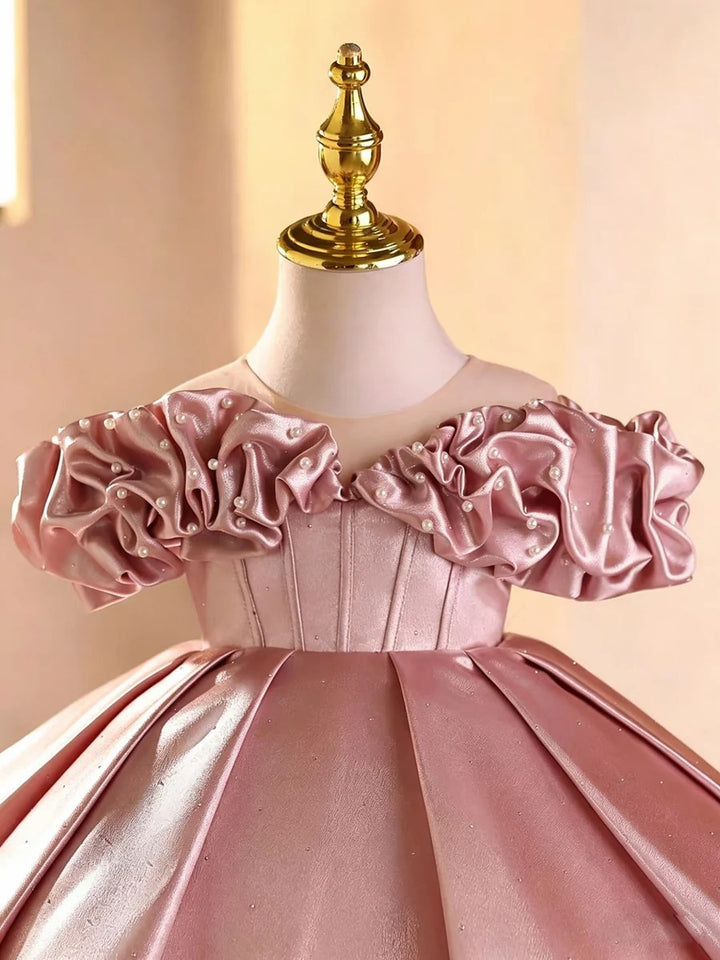 TinyTulle Elegant Pink Off-Shoulder Sleeves Satin Flower Girl Dress with Pearl Details