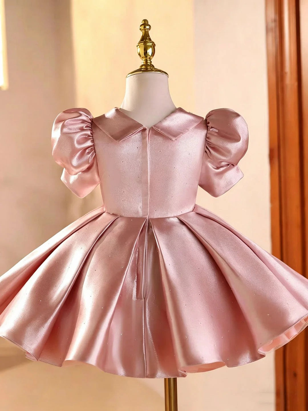 TinyTulle Elegant Pink Puff Sleeve V-Neck Satin Princess Flower Girl Dress