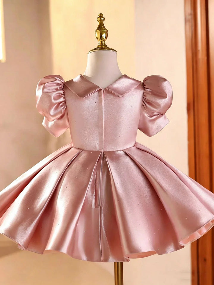 TinyTulle Elegant Pink Puff Sleeve V-Neck Satin Princess Flower Girl Dress